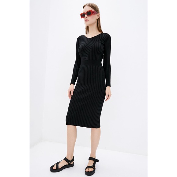 DASTI Bodycon Black Midi Dress Long Sleeve Black Vestido Negro - Picture 2 of 6